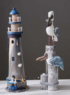 地中海风格灯塔木质做旧木塔海洋风组合灯塔摆件桌面复古装饰摆设