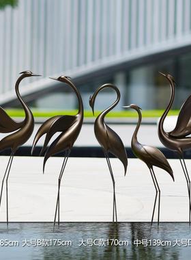 仙鹤雕塑摆件仿铜白鹭丹顶鹤玻璃钢庭院水池动物水景园林景观小品
