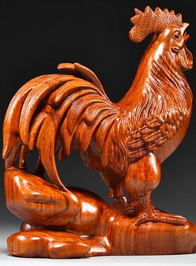 木头大公鸡摆件实木雕刻十二生肖木质鸡吉祥物木制装饰红木工艺品