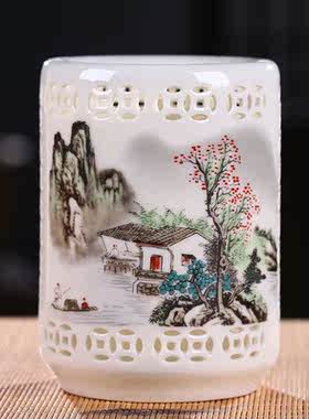 景德镇陶瓷笔筒复古手工办公桌摆件书房文房四宝毛笔筒教师节礼物