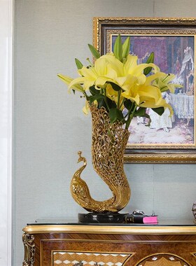 法式复古奢华全铜l孔雀装饰花瓶欧式轻奢别墅客厅餐厅大气中古摆