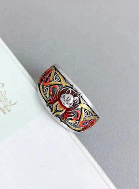 新中式泰银景泰蓝珐琅九尾妖狐戒指女国潮复古文艺民族风食指