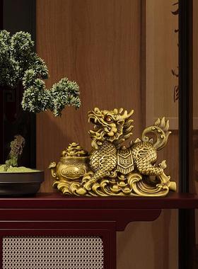 铜聚宝盆麒麟摆件一对黄铜麒麟卧室客厅玄关办公室装饰工艺品大号
