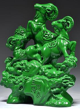 绿色木雕三羊开 泰摆件实木质三阳开 泰家居客厅办公室桌面装饰礼