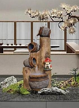 中式田园树桩陶罐流水庭院阳台创意摆件户外鱼池循环器造景装饰品