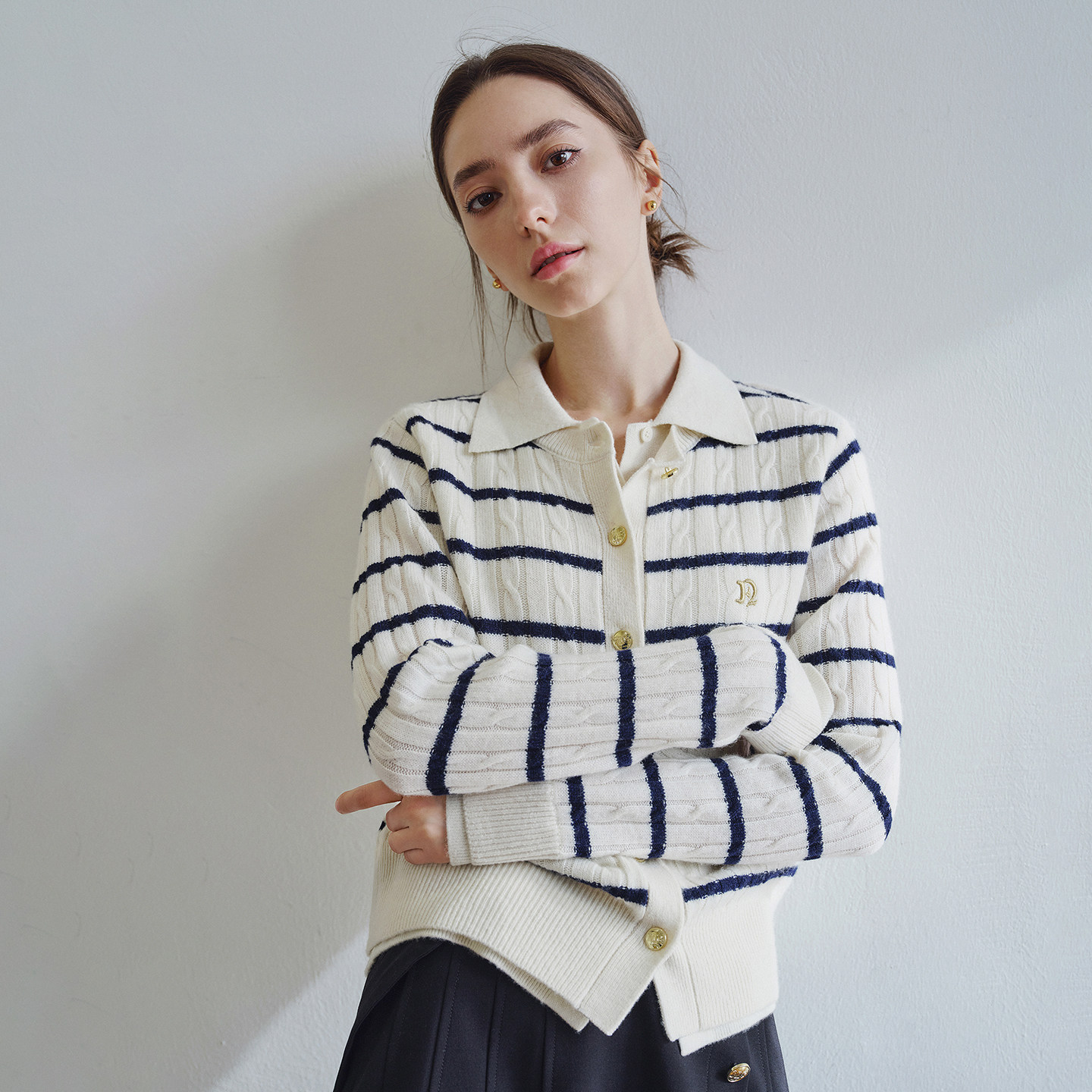 [纯羊毛]Navigare意大利小帆船假两件针织开衫外套女休闲条纹毛衣,淘宝优惠券,粉丝福利购,淘宝优惠卷