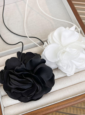 黑色立体花朵绑带颈链玫瑰花choker项链女颈花颈带系脖子配饰