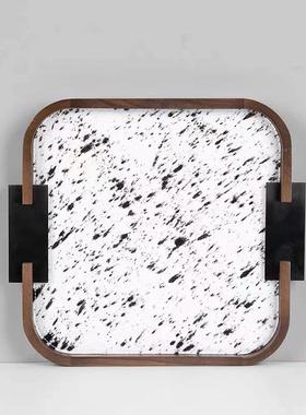 现代简约斑点马毛皮质金属托盘收纳置物创意摆件桌面客厅样板间