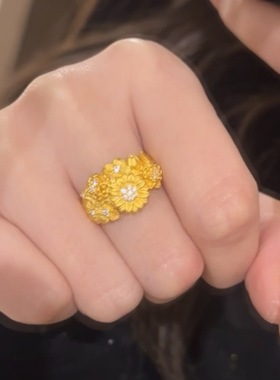 新中式拉丝繁花戒指女轻奢小众高级感婚嫁风宫廷风复古气质指环