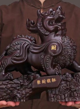 黑檀实木雕刻招财貔貅摆件公母一对家居客厅电视柜装饰办公室开业