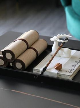 新中式卷轴书卷假书托盘摆件茶几书房茶桌书桌禅意茶室书法装饰品