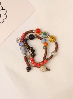 新款编制 古风复古民族风手链 文艺时尚小众陶瓷饰品手工双圈