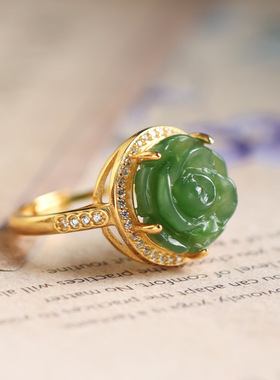 熹瑞S925纯银镀金和田玉碧玉玫瑰花戒指轻奢微镶气质女款开口