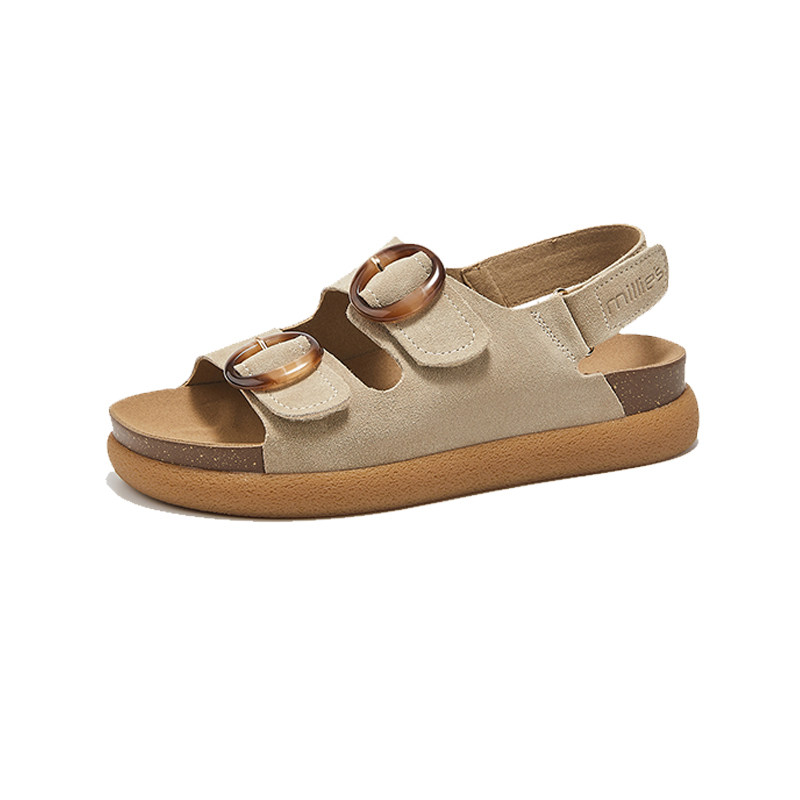 妙丽真皮厚底勃肯凉鞋女夏季新款罗马鞋魔术贴百搭休闲运动沙滩鞋,淘宝优惠券,粉丝福利购,淘宝优惠卷