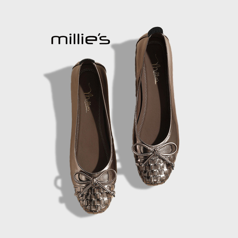 MILLIE'S/妙丽真皮编织复古气质通勤浅口船鞋芭蕾舞平底单鞋女,淘宝优惠券,粉丝福利购,淘宝优惠卷