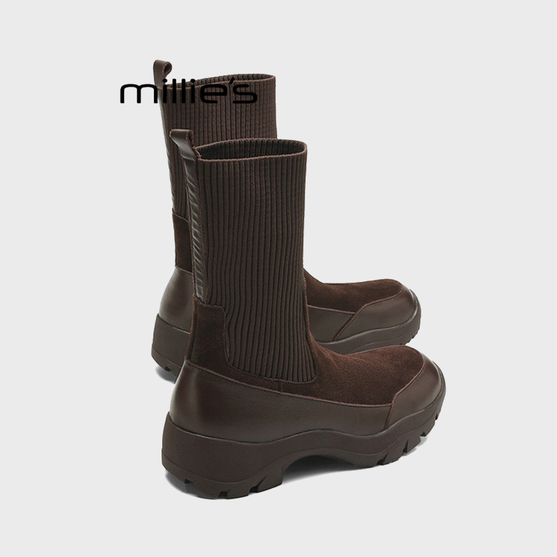 MILLIE'S/妙丽厚底弹力袜靴中筒瘦瘦靴切尔西靴针织拼接棕色短靴Z,淘宝优惠券,粉丝福利购,淘宝优惠卷