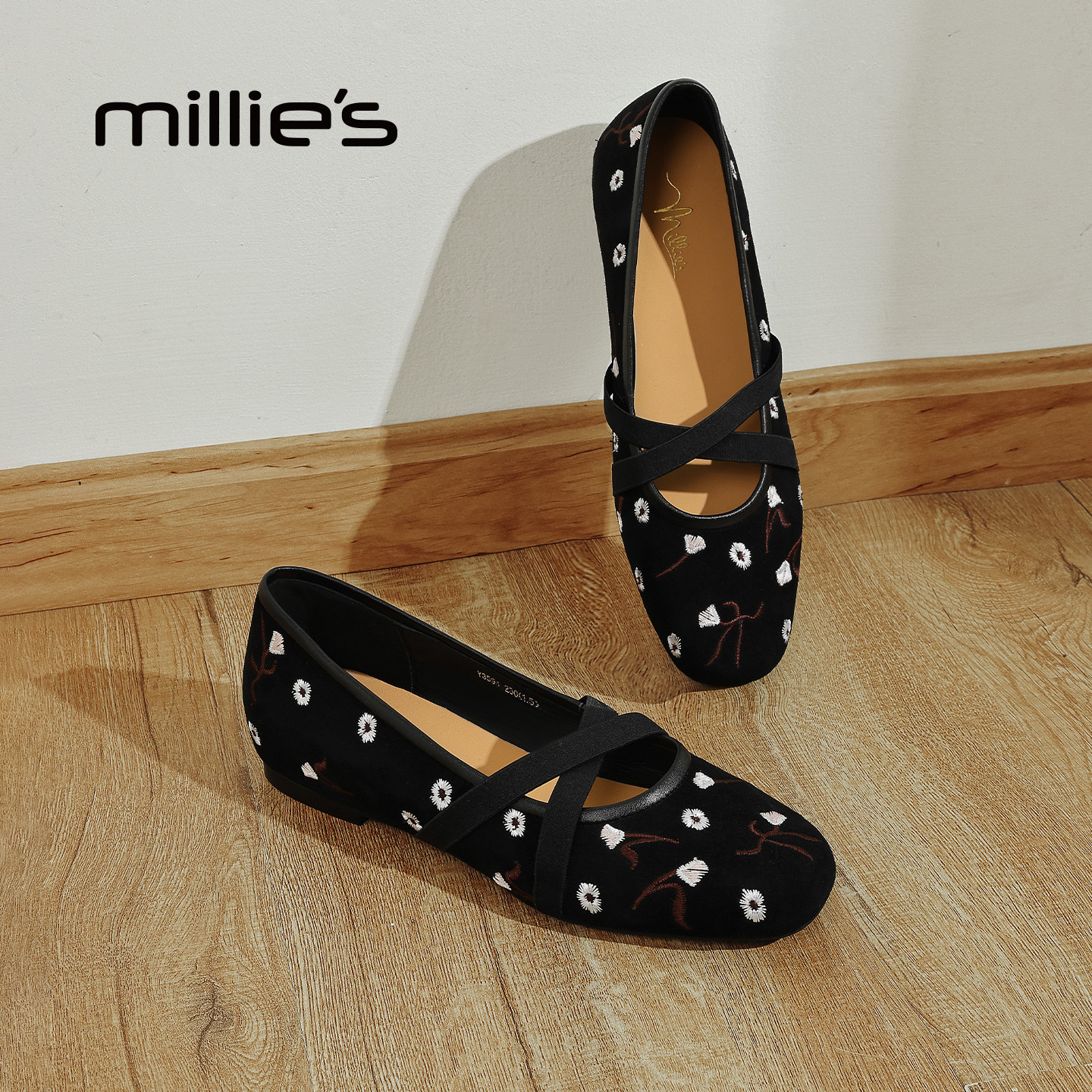 MILLIE'S/妙丽黑色刺绣花朵玛丽珍鞋女交叉带芭蕾舞鞋平底单鞋Z,淘宝优惠券,粉丝福利购,淘宝优惠卷