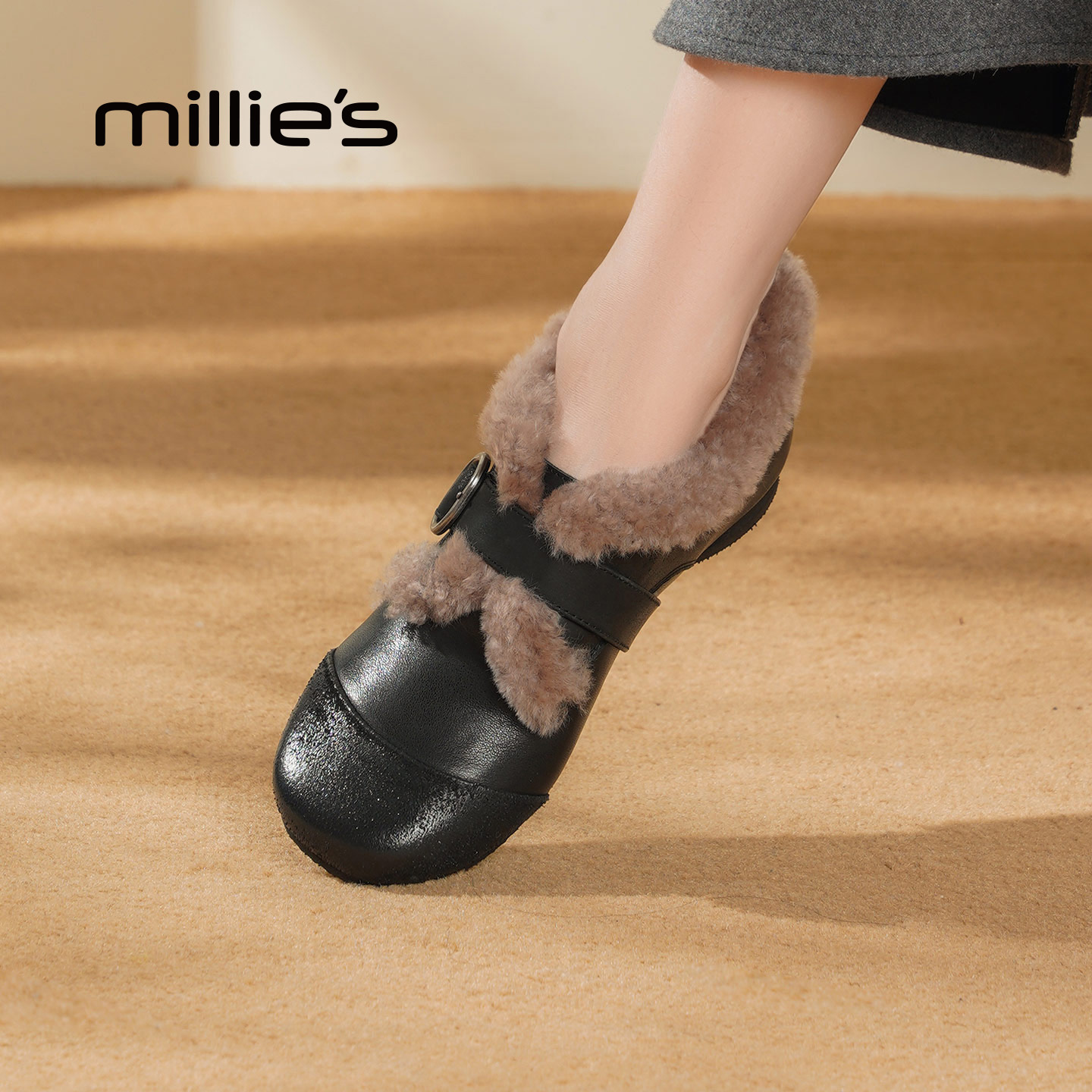 MILLIE'S/妙丽加绒乐福鞋女冬季保暖一脚蹬棉鞋真皮平底小皮鞋Z - 图3