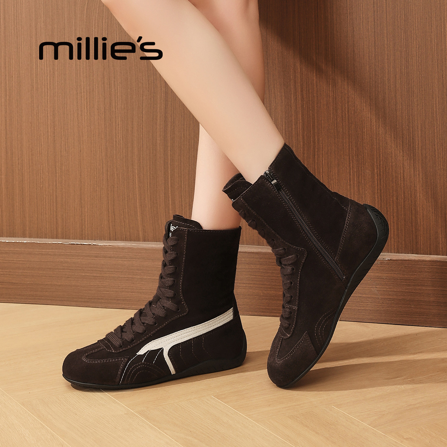 MILLIE'S/妙丽平底德训高帮鞋女新款百搭休闲鞋系带短靴瘦瘦靴潮,淘宝优惠券,粉丝福利购,淘宝优惠卷
