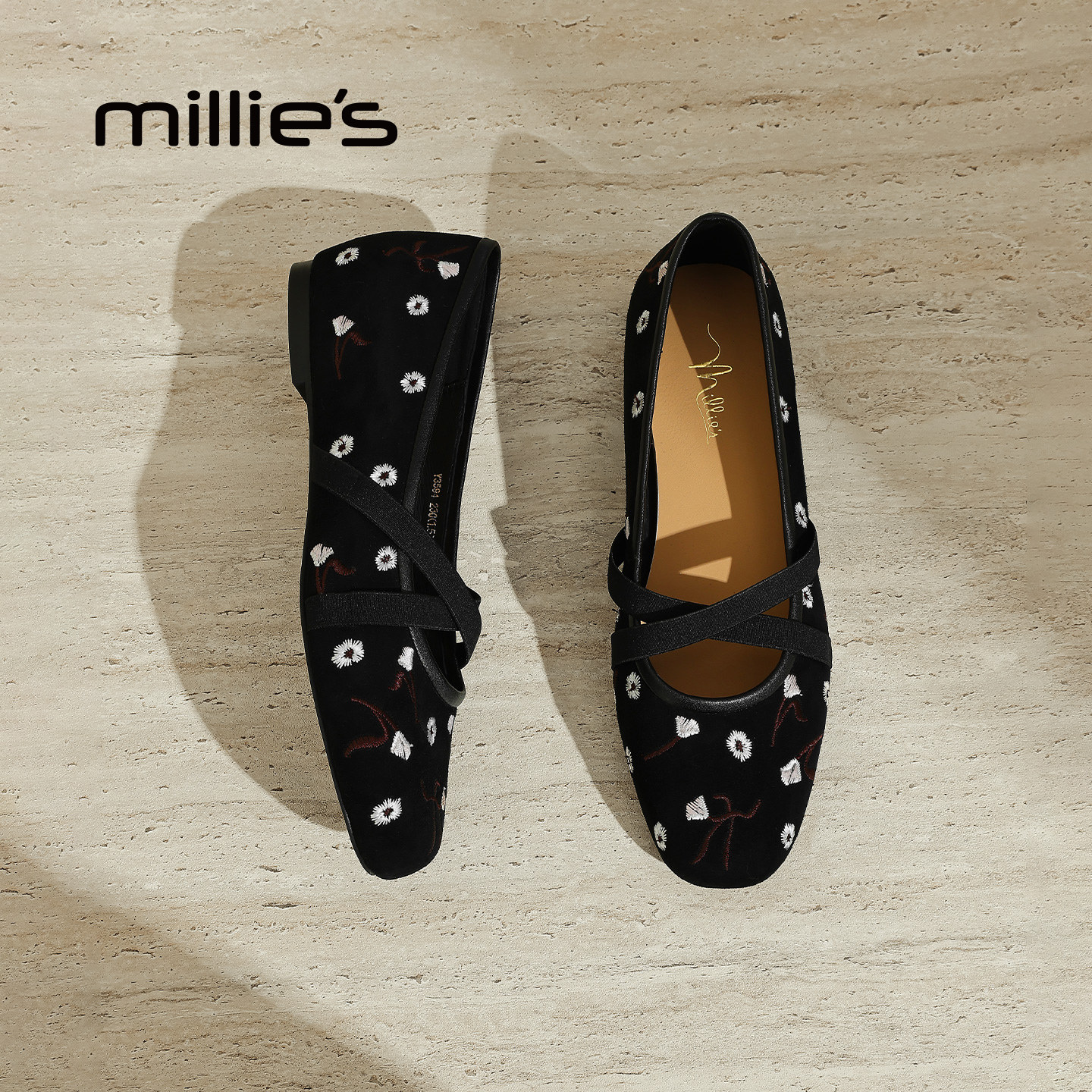 MILLIE'S/妙丽黑色刺绣花朵玛丽珍鞋女交叉带芭蕾舞鞋平底单鞋Z,淘宝优惠券,粉丝福利购,淘宝优惠卷