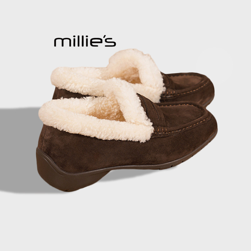 MILLIE'S/妙丽法式平底懒人一脚蹬加绒乐福鞋女外穿毛绒豆豆鞋冬Q,淘宝优惠券,粉丝福利购,淘宝优惠卷