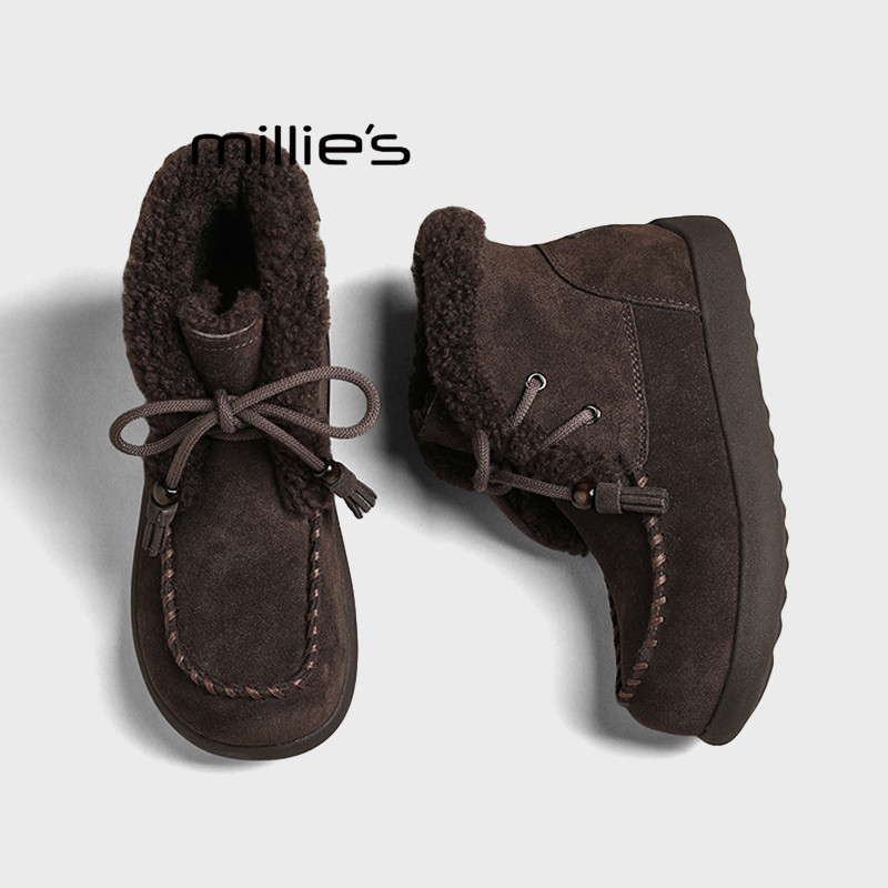 MILLIE'S/妙丽秋冬季加绒加厚保暖系带百搭流苏羊羔毛复古雪地靴Z,淘宝优惠券,粉丝福利购,淘宝优惠卷