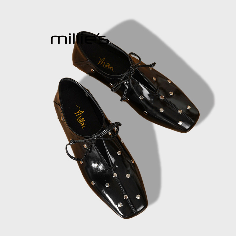 MILLIE'S/妙丽复古铆钉系带镂空玛丽珍单鞋女方头皮鞋通勤乐福鞋Q,淘宝优惠券,粉丝福利购,淘宝优惠卷