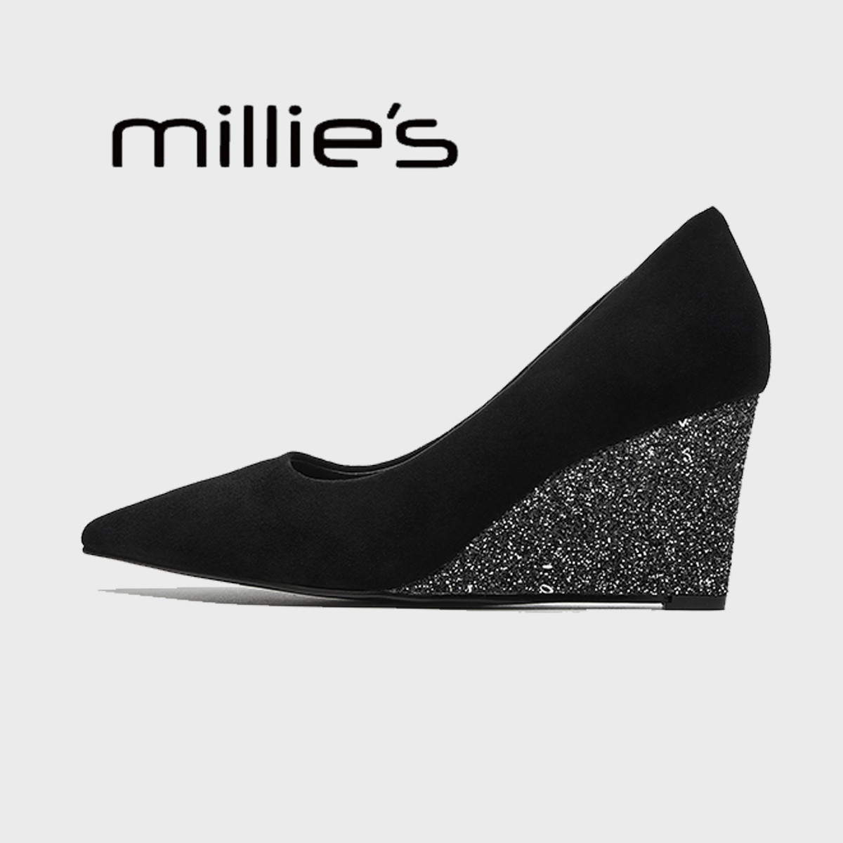 MILLIE'S/妙丽2025新款高跟鞋女坡跟尖头气质黑色内增不累脚单鞋,淘宝优惠券,粉丝福利购,淘宝优惠卷