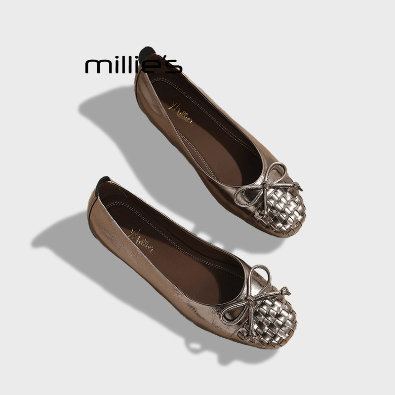 MILLIE'S/妙丽真皮编织复古气质通勤浅口船鞋芭蕾舞平底单鞋女,淘宝优惠券,粉丝福利购,淘宝优惠卷