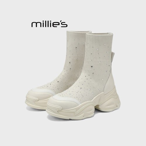 MILLIE'S/妙丽内增高显瘦袜子靴厚底弹力靴秋冬季新款瘦瘦短靴女Q - 图0