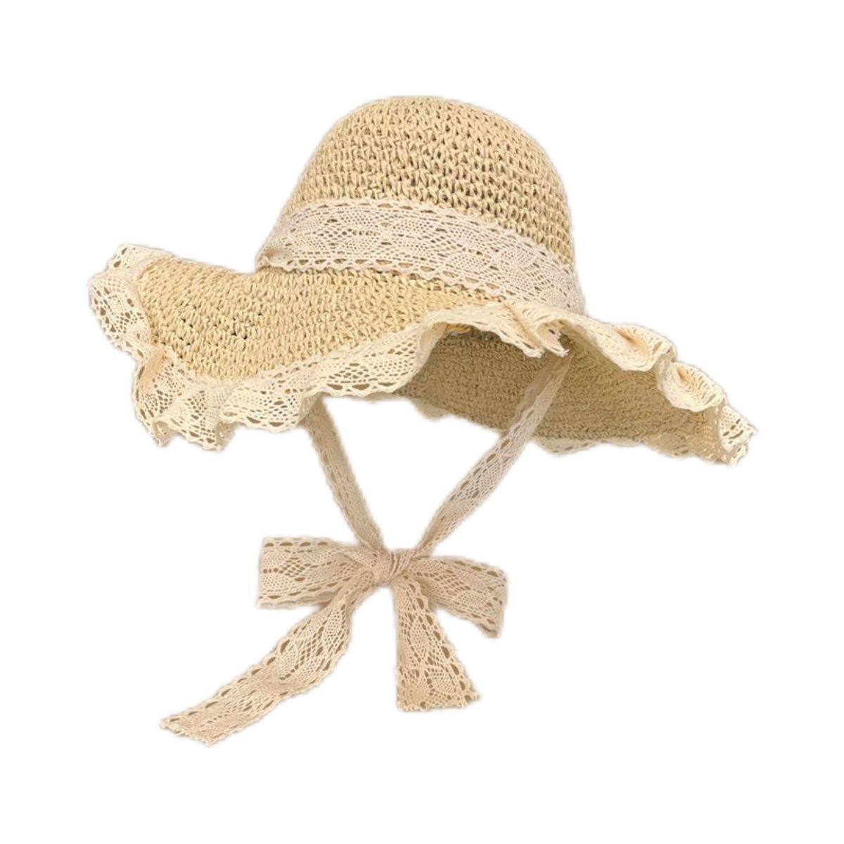 草帽海边ins防晒系带蕾丝出游帽女草编太阳帽沙滩遮阳帽帽子,淘宝优惠券,粉丝福利购,淘宝优惠卷