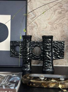 现艺术双脚花黑瓶花瓶陶瓷花酒店大堂干花插器样板间装饰代VRN摆