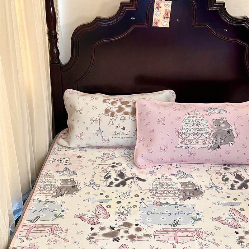 梨梦 喵喵日记 可爱冰丝凉席三件套少女心床笠款夏季可机洗可折叠,淘宝优惠券,粉丝福利购,淘宝优惠卷