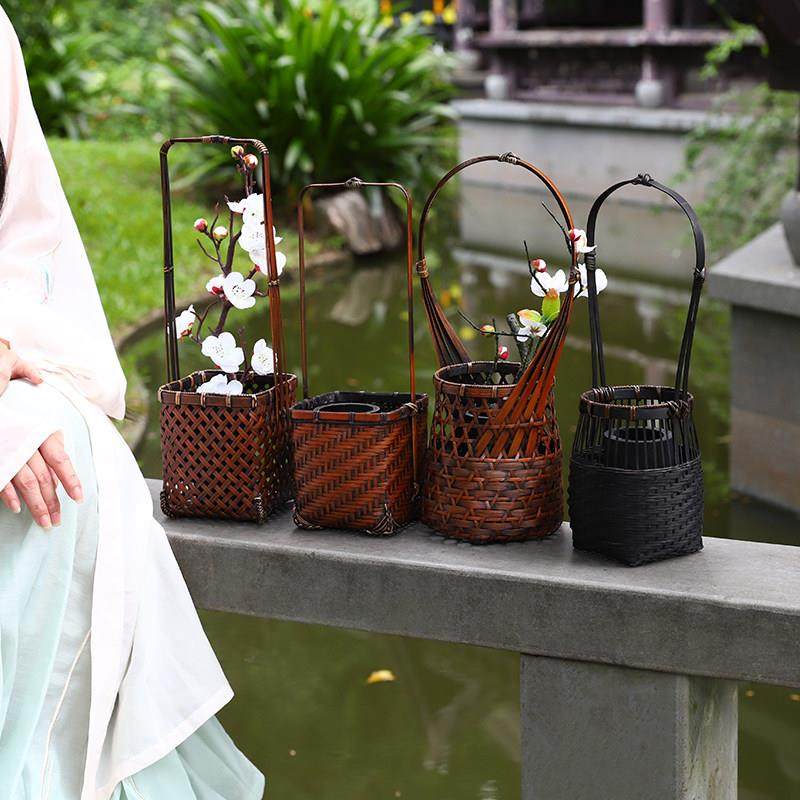 手工竹编花篮插花花器花瓶花入花架水培日式花道装饰摆件复古禅意,淘宝优惠券,粉丝福利购,淘宝优惠卷