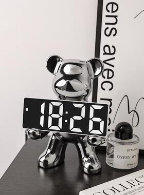 贝汉美轻奢暴力熊时钟摆件家居客厅玄关卧室装饰品桌面闹钟电子钟