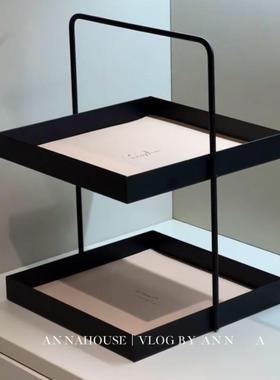 ins入户玄关置物架铁艺皮革双层收纳架玄关托盘首饰盘香水展示架