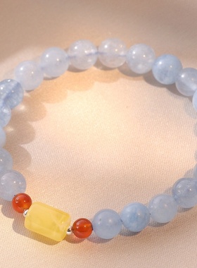 2025时尚S925银韩版海蓝宝单圈手链女款天然蜜蜡矿石首饰优雅