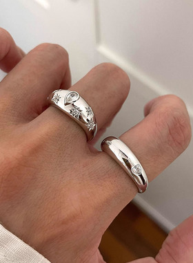 小红书爆款亮面叠戴镶嵌闪钻刻印星芒椭圆戒指素圈爱心戒