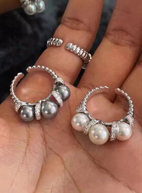 小红书同款银灰色珍珠戒指女2025新款轻奢小众高级开口可调节指环