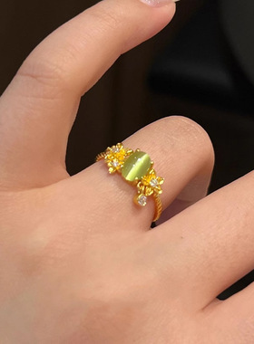 小红书爆款江南春色绿宝戒指2025新款绿色猫眼石水滴指环