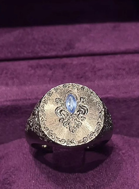 小红书爆款幽兰莺尾花戒指古法新中式银色微镶蓝钻指环