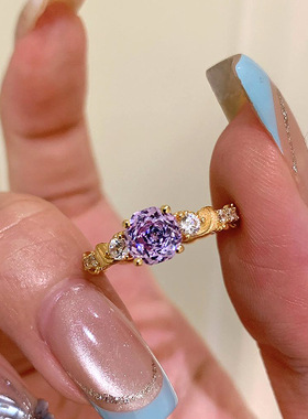 小红书爆款紫钻玫瑰花藤戒指时尚轻奢切花面中古宫廷风拉丝指环女