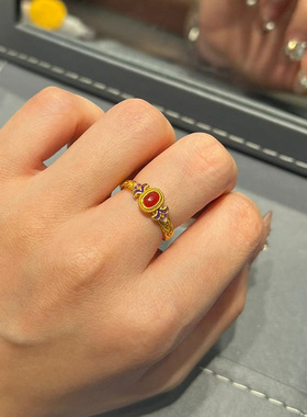 小红书爆款花丝凤鸢戒指复古宫廷风浮雕莺尾花纸鸢红玉髓浪漫指环