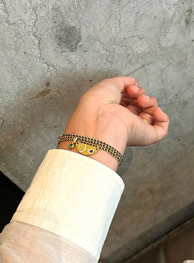 小红书同款黑金爱心笑脸吊坠女中古风超重工DIY微镶项链