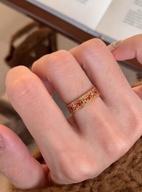 小红书爆款复古新中式楼兰若梦红珐琅滴釉花纹戒指宫廷风轻奢指环