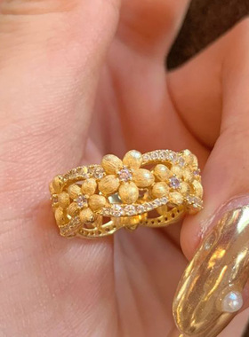 小红书爆款富桂桂花戒指Vintage中古拉丝小桂花指环点钻花朵尾戒