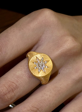 小红书爆款拉丝八芒星戒指vintage中古风爆闪六芒星指环