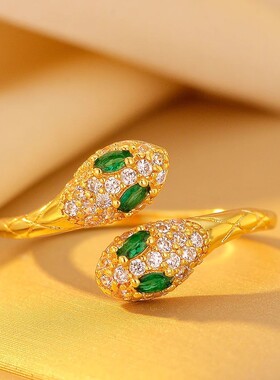 小红书同款爆闪双生灵蛇戒指2025新款本命年双头小金蛇微镶指环女