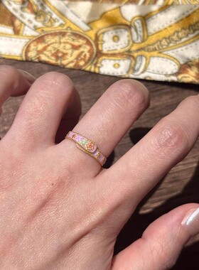 小红书爆款复古新中式珐琅彩滴釉印花桃花粉戒指2025新款精致指环