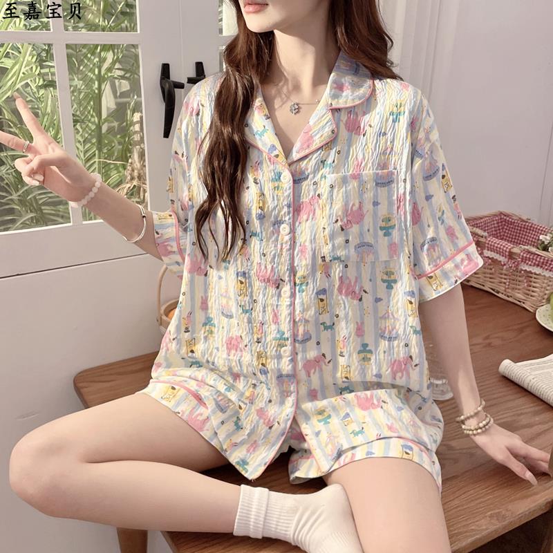 多巴胺月子服夏季薄款双短孕妇哺乳睡衣短袖短裤孕期带胸垫可调节 - 图0